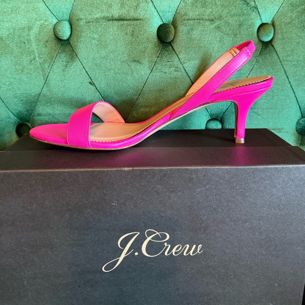 J.Crew Neon Flamingo Leather Slingback Kitten Heel Sandals NIB Size 9